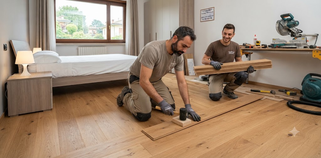 Posa parquet prefinito rovere in camera da letto — Bardello